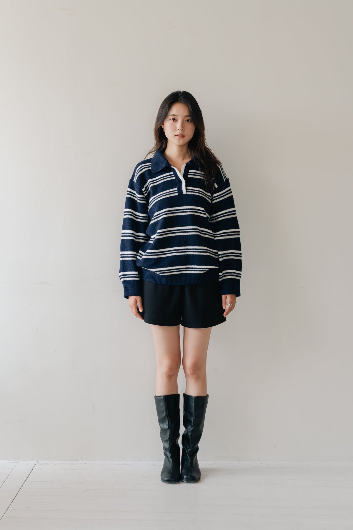 Border Knit Polo-NAVY