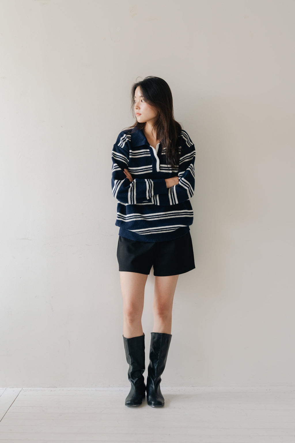 Border Knit Polo-NAVY