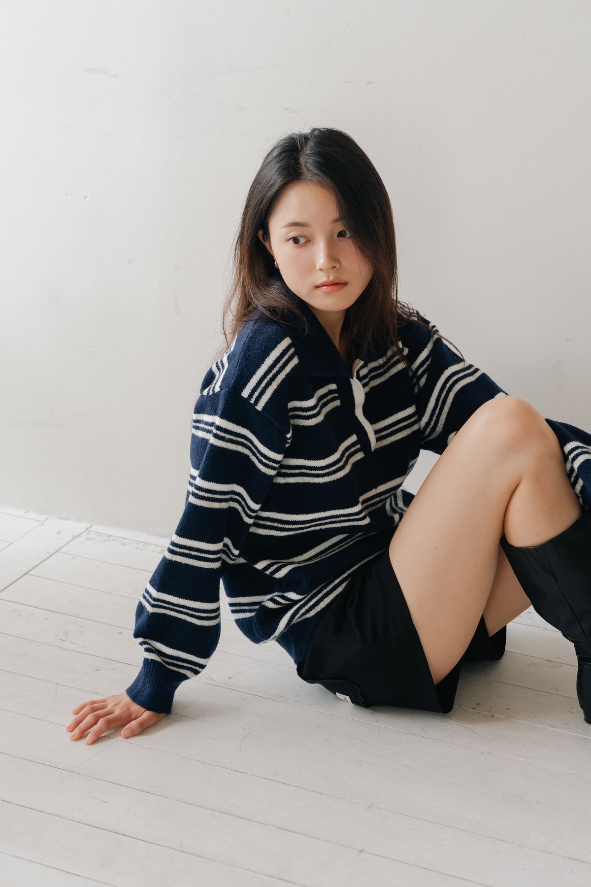 Border Knit Polo-NAVY