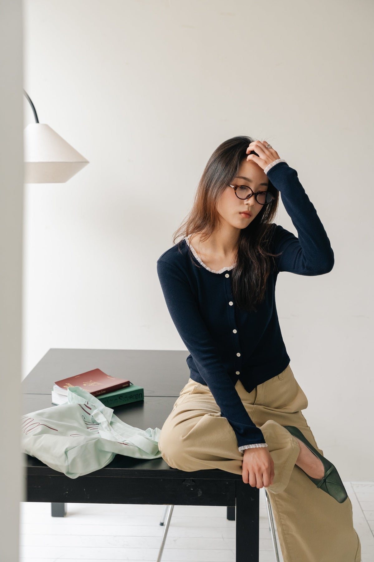 Loose fit straight pants-BEIGE
