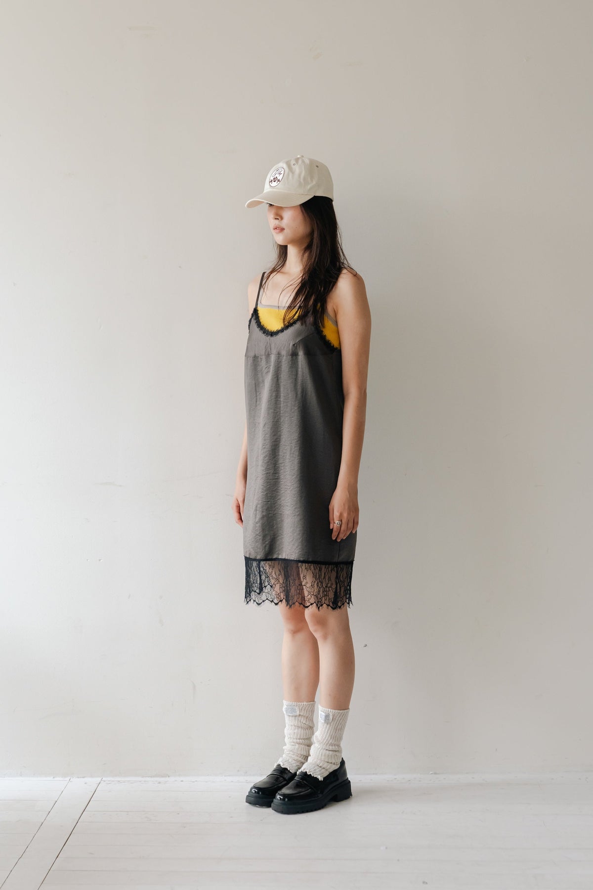 Satin lace cami one piece-CHARCOAL
