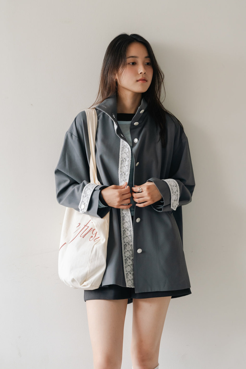Lace Volume Coat-GREY