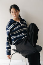 Border Knit Polo-NAVY